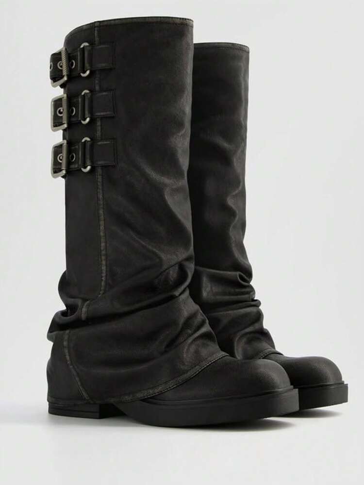 Knee High Boots For Women Y2K Fold Over Boots Round Toe Platform Chunky Heel Slouchy Boots For Women Punk Metallic Buckle Wide Calf Fold Over Boots - 黑色 - 查看 1