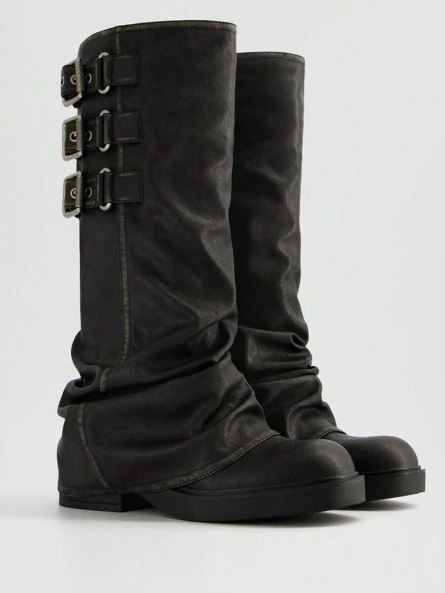 Knee High Boots For Women Y2K Fold Over Boots Round Toe Platform Chunky Heel Slouchy Boots For Women Punk Metallic Buckle Wide Calf Fold Over Boots - 黑色 - 查看 1