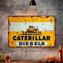 2D Flat - Vintage Caterpillar Diesel Engine Metal Sign - Rustic 20.32x30.48 Cm Wall Decor With Distressed Yellow Background & Black Text, Perfect For Bedroom, Living Room, Bar, And Outdoor Spaces, Metal Outdoor Decor - 彩色 - 查看 3