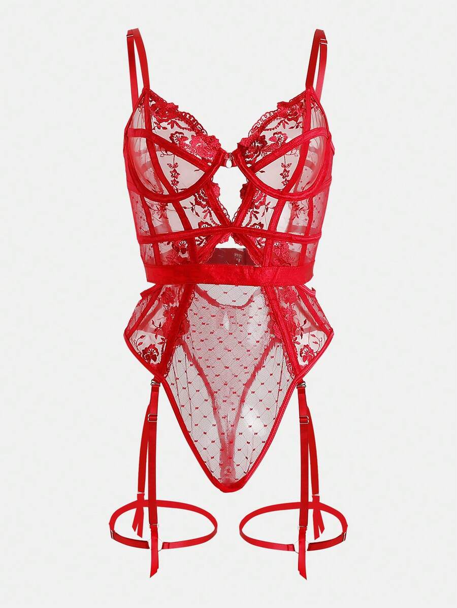 Women's Sexy Embroidered Teddy Lingerie Set - Red - View 1