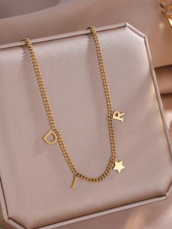 1 pieza Collar con colgante de letra y estrella vintage de moda, adecuado para el uso diario de las mujeres