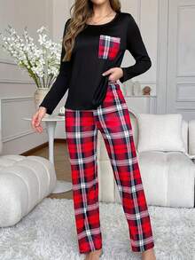 بيجامة نسائية مكونة من ملابس علوية بأكمام طويلة وجيب وبنطال مربعات، ملابس نوم للخريف والشتاء - الأسود - مشاهدة 3
