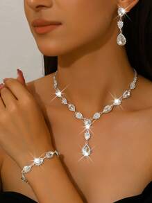 1 Set Fashion Waterdrops Rhinestone Earrings Necklace Bracelet Jewelry Set, Suitable For Women's Daily, Wedding, Banquet & Party Wear