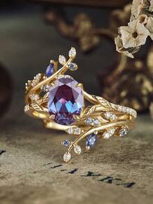 1 PC Luxury Women's Ring, Sparkling Personalized Leaf Shaped Ring, Women's Engagement Ring, Wedding Ring, Commitment Ring, Merry Christmas, Valentine's Day, Anniversary Gift, Jewelry Ring - 紫色 - 查看 3