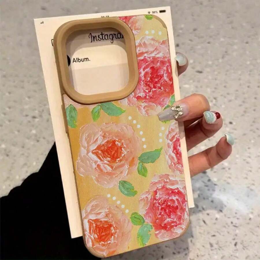 Un teléfono con un diseño de flores con pintura al óleo, que ofrece lentes altas, compatible con modelos que incluyen 16 Plus, 15 Pro, X, 11, 14, XS, 13 y 12. Es cuero sintético suave, resistente a los rayos A y con todo incluido. - Colores mixtos 1 - Ver 1