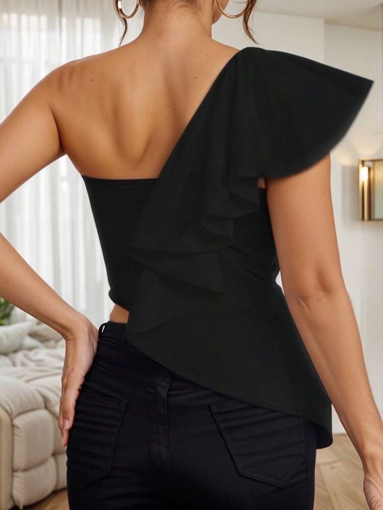 Blusa Asimetrica de Hombros Descubiertos con Detalle de Holan de Un Lado para Mujer - Negro - Añade 3