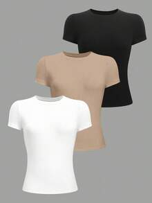 Paquete set 3 playeras camisetas dama mujer casual básica cuello redondo manga corta ajustada ombliguera baby tee algodón fresca cómoda ligera diario casa oficina escuela moderna juvenil y2k - Blanco - Ver 2