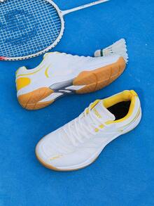 Women's White & Yellow Solid Color Sports Shoes, Microfiber Leather Lace-Up, Mesh Splice, Breathable, Suitable For Running, Gym, Badminton, All Season