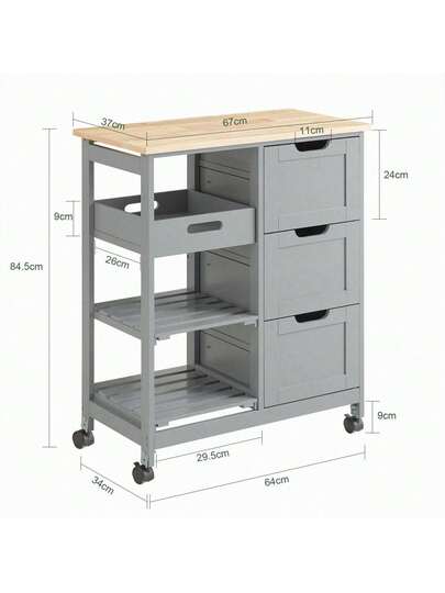 SoBuy FKW79 HG, Kitchen Trolley Cart Storage Serving Drawers Removable Tray, Grijs view 2