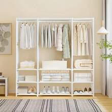 1个多功能金属衣帽架，1-3层简约衣架带鞋架，黑/白防尘衣柜收纳架，新款卧室落地式衣帽架，时尚简约加厚钢管收纳架 - 彩色 - 查看 8