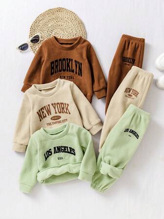 Bhchntiy 6件套男宝宝秋冬新款纯色毛绒圆领洛杉矶纽约布鲁克林城市字母印花休闲运动衫和裤子时尚服装套装