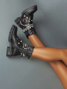 女式系带厚底踝靴哥特式厚底靴金属装饰链条拉链朋克风格摩托车靴黑色 - 黑色 - 查看 8