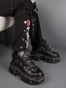 女士平底朋克踝靴，黑色圆头高跟运动鞋，厚底软底摇滚踝靴，系带休闲橡胶滑板鞋 - 黑色 - 查看 4