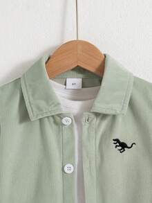 Camisa de manga larga con cuello vuelto, unicolor casual, con patrón bordado de dinosaurio para niños, primavera/otoño - Verde - Ver 3