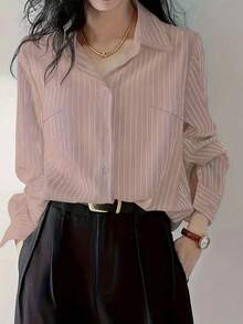 Plus Size Women's Casual Striped Shirt With Turndown Collar, Suitable For Commuting, Spring/Summer - Pink - View 4