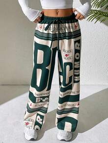 Pantaloni sport casual pentru femei, cu imprimeuri cu litere, dungi colorate, șnur de strângere și design cu picior drept. - Verde - Vizualizare 1