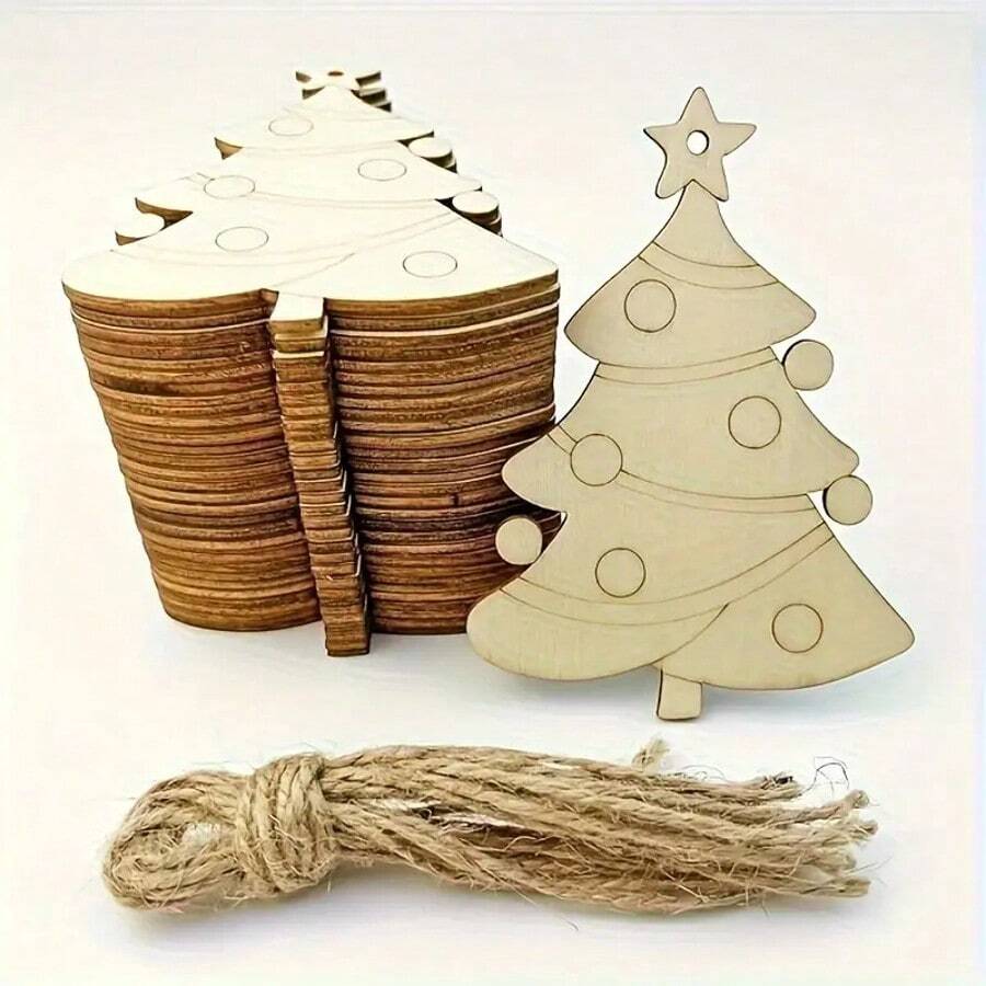 Unpainted Wooden Laser Engraved Star Christmas Tree Shaped Wooden Pieces, Christmas Tree Shaped Wooden Crafts For Painting And Coloring, Home Decor, Holiday Decoration, With Holes For Hanging - A - View 1