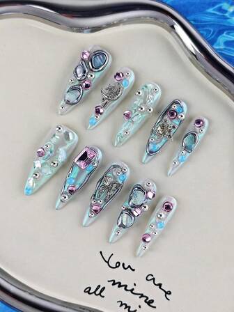 10 件/套按压式指甲，杏仁形指甲，长指甲，夏季指甲，可爱风格，返校，可拆卸，适合派对、舞会、日常穿着、学生派对、办公室工作人员角色扮演，按压式可重复使用，含果冻胶和指甲锉指甲用品