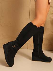 [Recommend Sizing Up One Size] Elegant Women's Over-The-Knee Boots, Classic Solid Color Round Toe Mid-Calf Boots, Wedge Heel Thick Sole Round Toe, Velvet, Warm For Autumn/Winter Outdoor, Side Zipper Casual Winter Boots, 12.5 Inch Shaft Height, Suitable For Autumn/Winter Outdoor Casual, Classic Versatile - Black - View 4