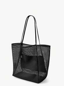 大容量可折叠网眼游泳包带口袋，沙滩网袋透明手提包挖沙袋适合海边度假，沐浴游泳洗漱用品收纳袋，网眼手提包学校手提包适合少女度假、假日、购物 - 卡其色 - 查看 10