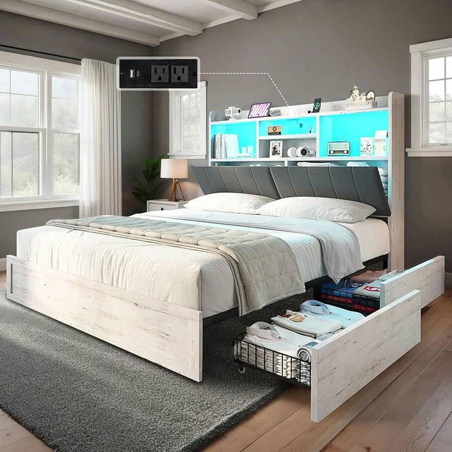 Bed Frame With 51.2'' Tall Bookcase Headboard, Farmhouse Platform Bed With 4 Storage Drawers, Linen Upholstered Design With Charging Station And Storage, Modern Bedroom Furniture, Rustic White - 查看 1