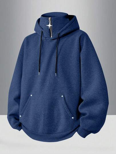 Men's Casual Plain Color Half-Zip Hoodie Sweatshirt, Spring & Autumn, Long Sleeve Top