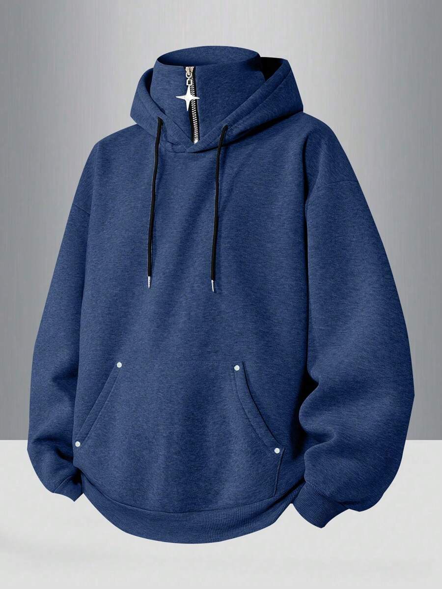 男士休闲纯色半拉链连帽卫衣，春秋季长袖上衣 - 藏蓝色 - 查看 1