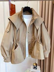 1 件纯色梭织面料抽绳口袋前扣风衣，休闲春秋 - 卡其色 - 查看 3