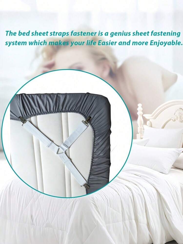 4Pcs/Set Triangle Quilt Holders, White Bed Sheet Clips, Adjustable Elastic Sheet Straps, Heavy Duty Bed Sheet Fasteners With Metal Clip, Metal Clip Adjustable Elastic Band Quilt Fixing Tool, Practical Invisible Anti-Slip Sheet Straps, Suitable For Sofa Cushions, Quilt Sheets, Home Textiles, Household Items - Multicolor - View 3
