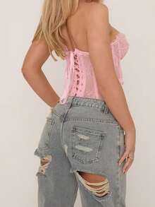 Women Lace Bustier Corset Tops Flower See Through Off Shoulder Sleeveless Body Shaper - Pink - View 6