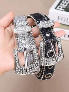 Y2K Girl Fashion Solid Print Studded Full Rhinestone Belt PU Leather Bling Crystal Adjustable Glitter Waistband For Club Party ﻿