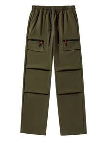 男士秋冬户外工装直筒裤：大号拉链口袋、弹性抽绳腰带、斜插口袋——非常适合徒步旅行、钓鱼、露营、攀岩、运动、健身、跑步和休闲穿着。 - 軍綠色 - 查看 6