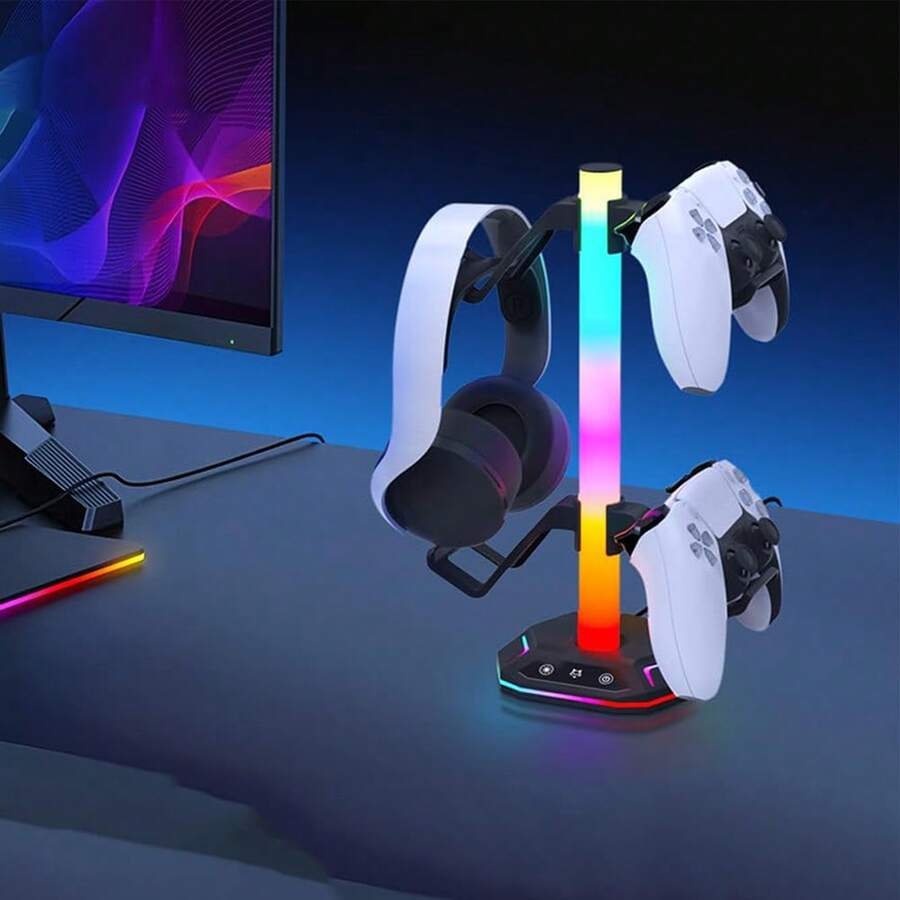 حامل للتحكم وسماعات الرأس مع أضواء RGB، منافذ USB، دعم للتحكم وسماعات الرأس، حامل لسماعات الرأس وأجهزة التحكم للطاولة والكونسول وغرفة الألعاب، هدية عيد ميلاد، هدية عيد الميلاد - الأسود - مشاهدة 1