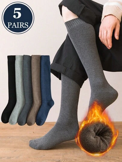 5 Pairs Men's Thick Thermal Thermal Lined Crew Socks, Autumn/Winter