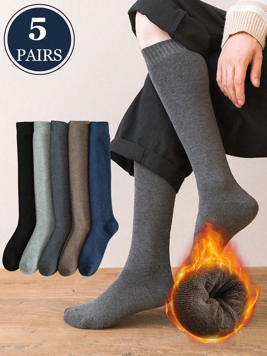 5 Pairs Men's Thick Thermal Thermal Lined Crew Socks, Autumn/Winter - Multicolor - View 1