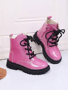 1 Paar fuchsiafarbene Stiefel für Teenager/Kinder, einfarbiges weiches, lederähnliches PU-Material, Innenzipverschluss, Schnürung vorne, runde Zehenpartie, dicke Sohle, rutschfest, bequeme Leder-Kniestiefel, geeignet für männliche/weibliche Studenten, Lässig, Reisen, Urlaub, Campus, Herbst/Winter Neuheit - Pink - Übersicht 6