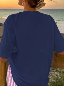 Camiseta de mujer de verano blusa oversize de manga corta con estampado floral ideal para el tiempo libre y las vacaciones en la playa - Azul Marino - Ver 2