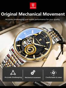 POEDAGAR 1pc Business Men's Stainless Steel Automatic Skeleton Tourbillon Mechanical Wrist Watches, Casual Man Wristwatch With Waterproof Luminous Function, Fashionl Male Watch Suitable For Daily Occasion, Gifts For Men