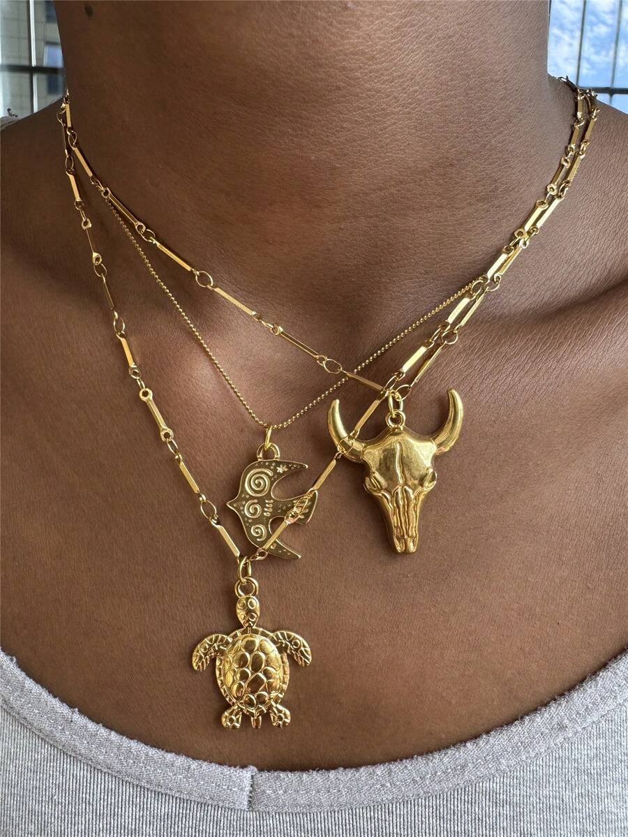 Nuevo colgante de acero inoxidable con diseño de tortuga y cabeza de toro, collar de vacaciones para mujeres - collar - Ver 1