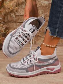 女士休闲轻便透气网眼运动鞋，舒适系带跑步鞋，带随机印花 - 粉色 - 查看 5