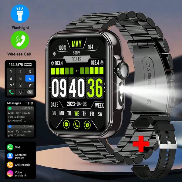 1pc 2.01" Large Square Full Touch Smart Watch For Men & Women, Wireless Call, Message Reading, Pedometer, Calorie Tracking, Multi-Sport Modes, LED Light, Music Remote Control, Weather, Alarm, Stopwatch, Multi-Language, Android & IOS Compatible Smart Bracelet