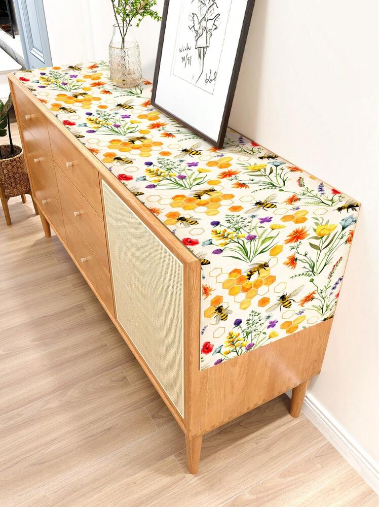 1pc Floral Pattern Printed Table Runner, 4pcs Floral Pattern Printed Placemats, Suitable For Holidays, Parties, Birthdays, Dinners, Kitchen & Dining Room Decor, All Season Home & Textile Decoration - Multicolor - View 4