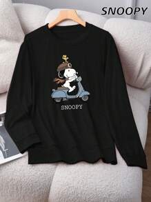 Women's  Rides An Electric Car Round Neck Loose  Long Sleeves Casual Knitted Cute Print Simple Basic Lounge Top, Fall, Winter - Black - View 1