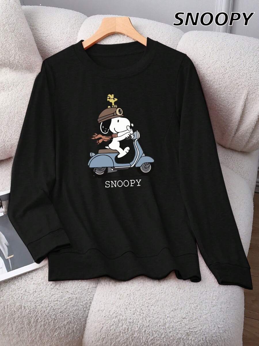 Women's  Rides An Electric Car Round Neck Loose  Long Sleeves Casual Knitted Cute Print Simple Basic Lounge Top, Fall, Winter - Black - View 1