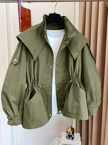 1pc Solid Color Woven Fabric Drawstring Pocket Front Button Trench Coat, Casual Spring/Autumn