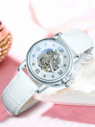 T-WINNER 1 件 时尚优雅自动机械女表，冰晶表盘，夜光指针，白色皮革表带，商务休闲女士手表，顶级品牌奢华腕表，带盒礼品