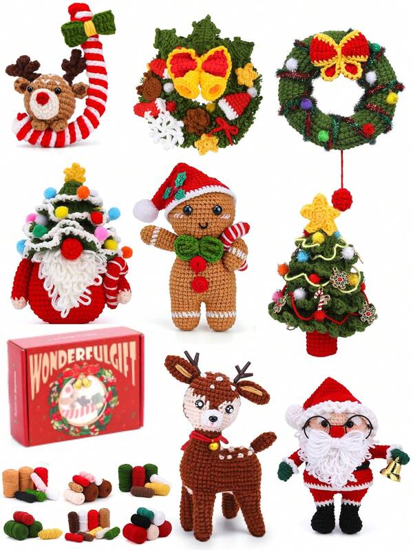 1 Set Unfinished Crochet Kit For Santa Claus & Gingerbread Man, Handmade Yarn DIY, Christmas Deer & Tree Home Decor, Christmas Gift For Friends & Family, Includes Basic Accessories & Tutorial (Accessory Color Random)