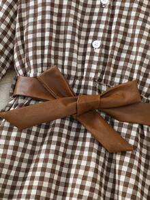 Girls' Long Sleeve Plaid Dress, Brown & White Checkered Pattern, Leather Trim Bow Waist Belt, Fashionable For Everyday Wear - Brown - View 4