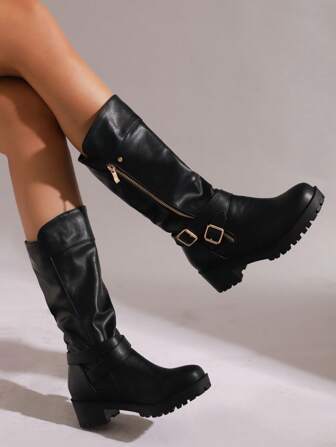 复古舒适女式拉链装饰骑士靴，粗跟西部靴，中筒靴，摩托车靴，秋冬