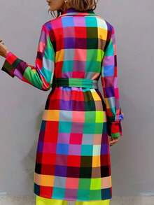 1 pieza Abrigo elegante de mujer con estampado de cuadros de tela tejida, con cinturón y doble botonadura, de manga larga, adecuado para vacaciones, uso diario, oficina, hogar, jardín y calle en otoño/invierno